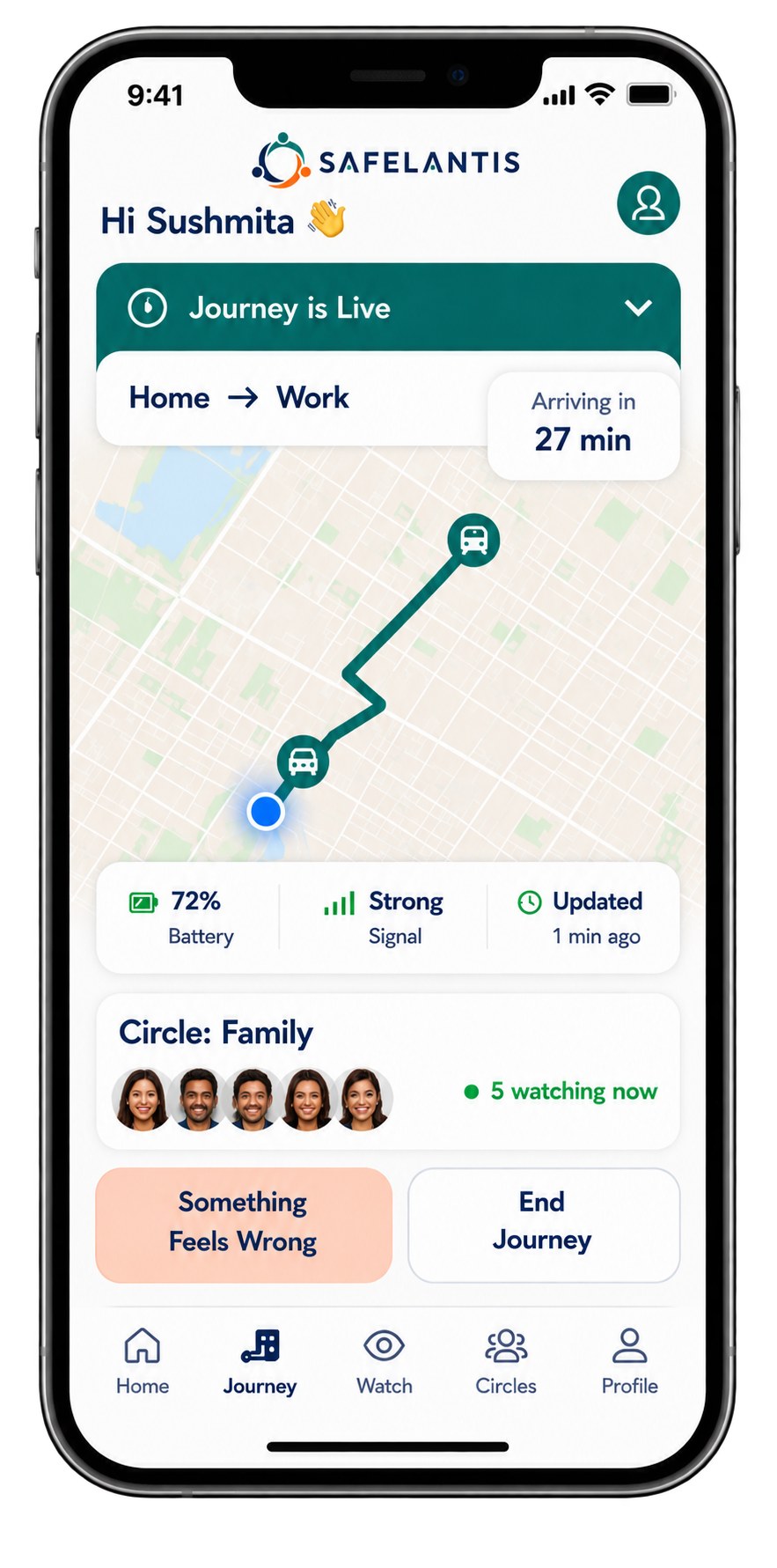 Safelantis Active Journey live tracking screen